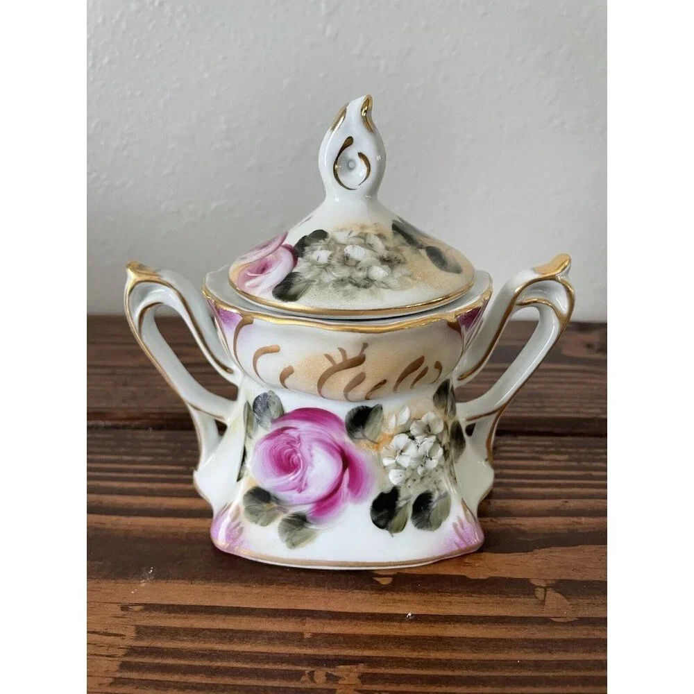 Vintage Hand Painted Nippon Sugar Bowl Jar w/ Lid, Pink Floral Ceramic